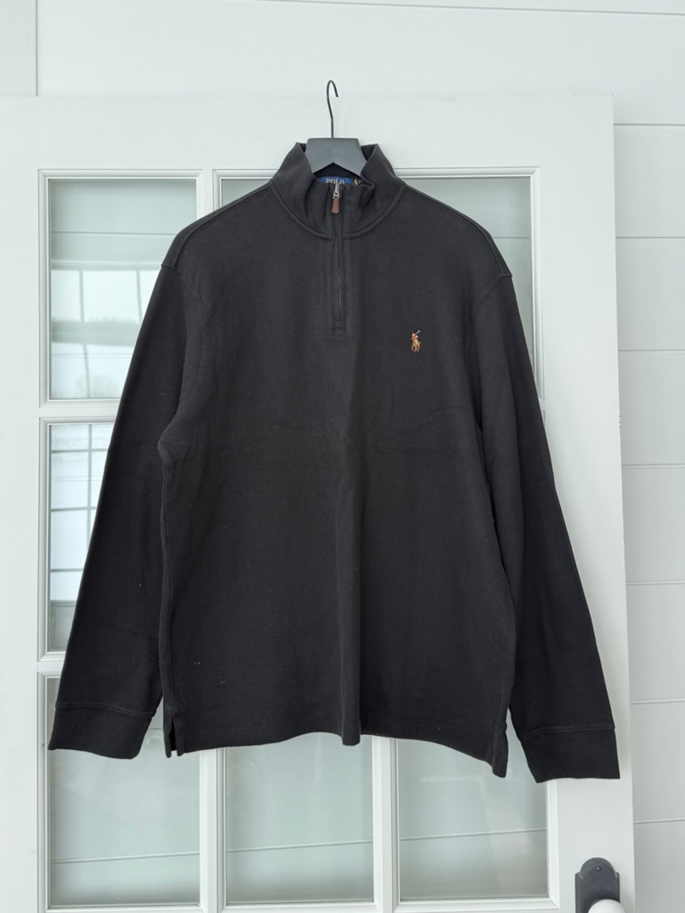 Ralph Lauren Black Quarter Zip-Up Cotton Sweater with Leather Details
